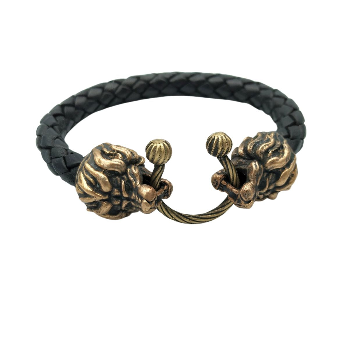Lion head black leather bracelet with ring clasp -